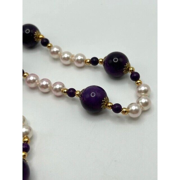 Amethyst? Purple Beaded Faux Pearl Necklace Gold Tone 30" Long - Picture 2 of 8